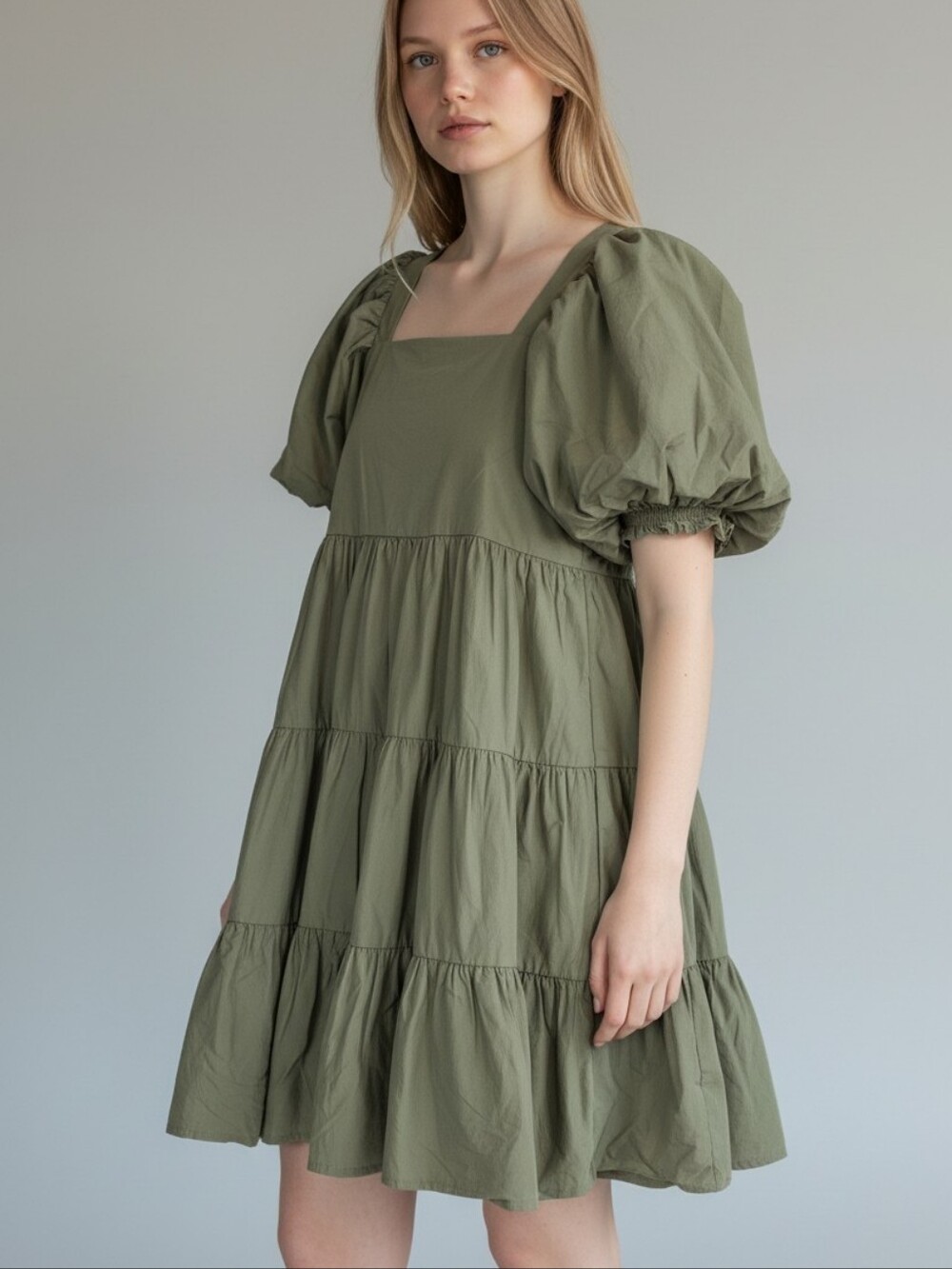 OAK + FORT Sage Green Puff-Sleeve Tiered Midi Dress